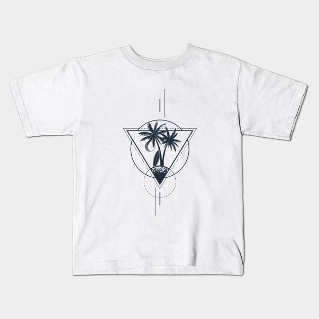 Palms, Surfboard And The Moon. Geometric, Line Art Style Kids T-Shirt by SlothAstronaut